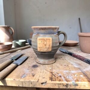 Drip Glazed Stamped Pottery Mug, Potbelly Coffee Cup, Signed MM or WW Bulb Logo‎